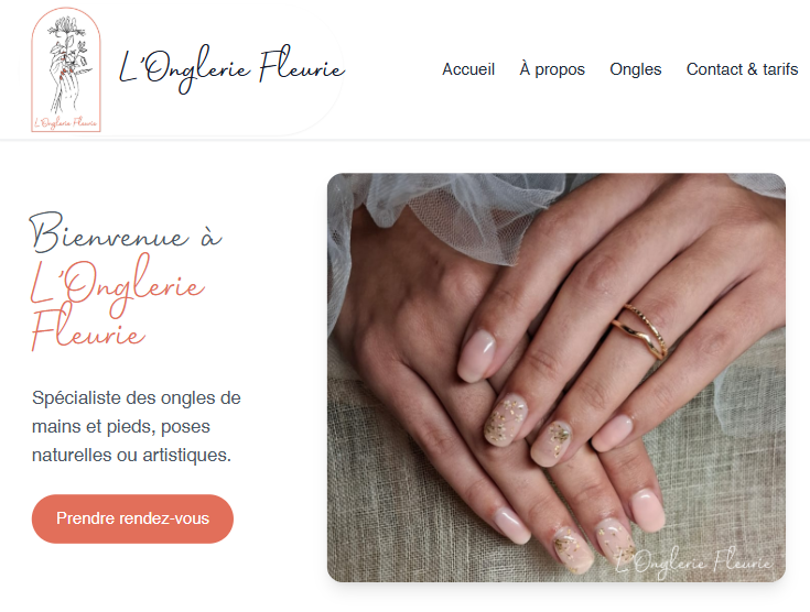 Site vitrine clé en main créé pour une prothésiste ongulaire – présentation des prestations et prise de rendez-vous